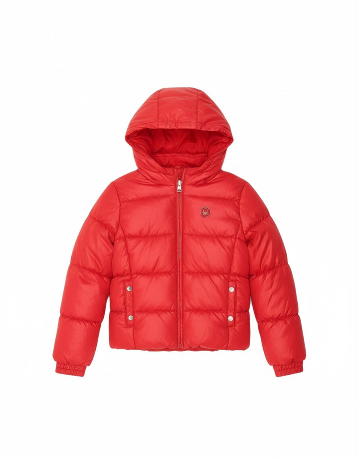 BENETTON Girls Hooded Padded Jacket 7-8 Years Medium Red Polyester Winter