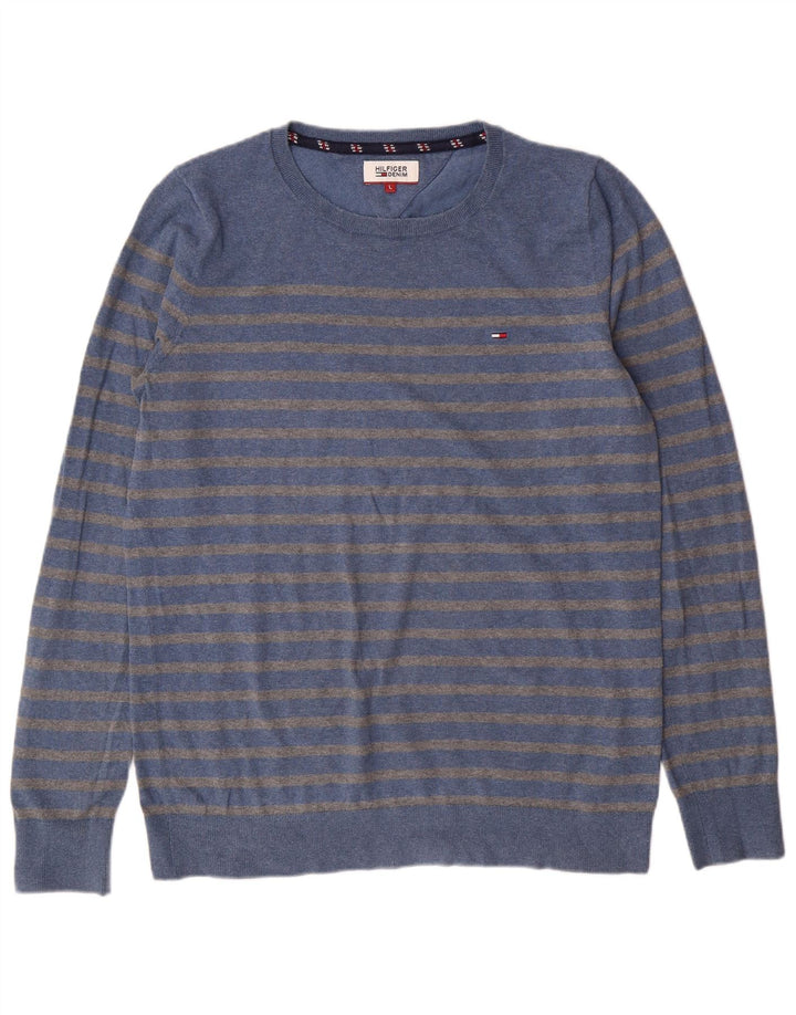 Maglione maglione girocollo da uomo Tommy Hilfiger grande cotone a righe blu