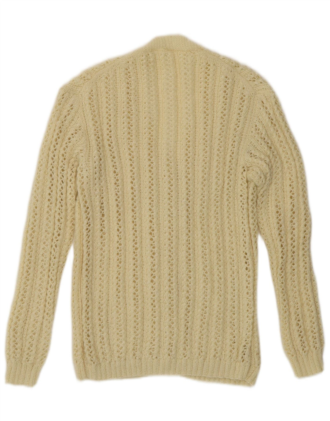 Maglione cardigan all'uncinetto da donna vintage UK 14 medio bianco sporco