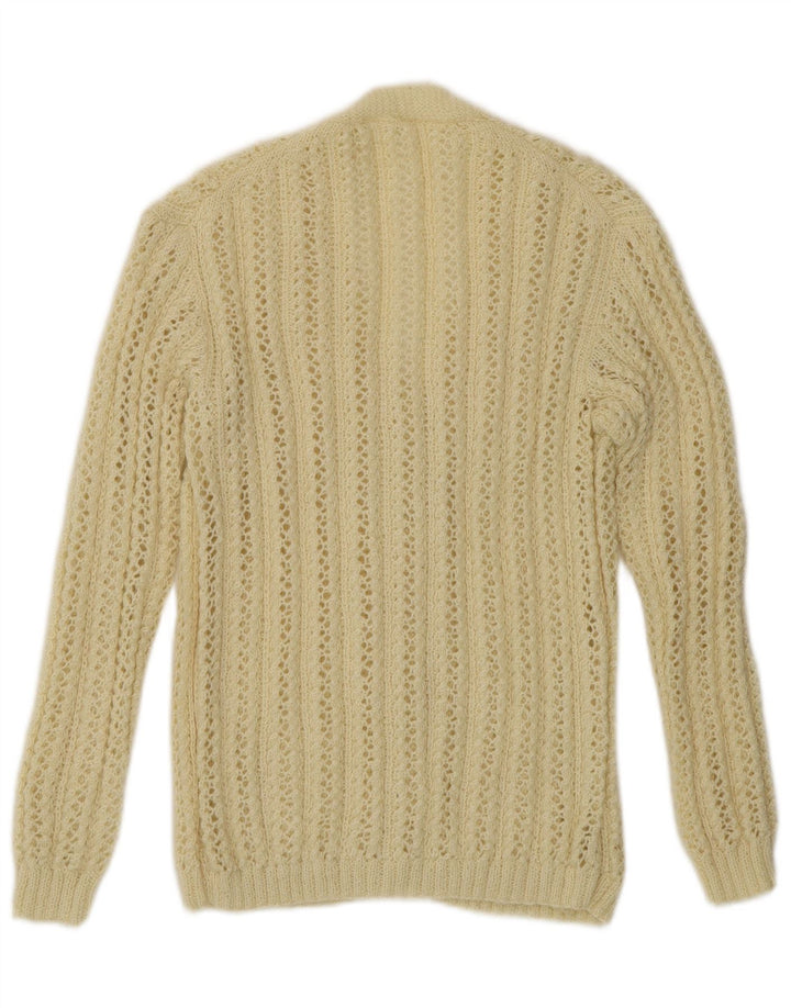 Maglione cardigan all'uncinetto da donna vintage UK 14 medio bianco sporco
