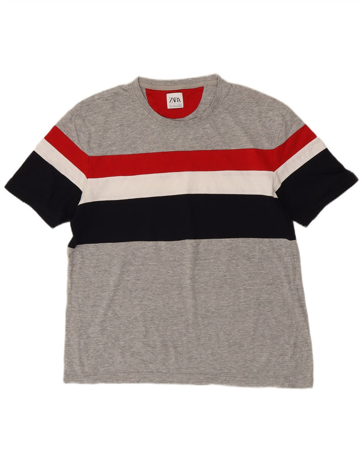 ZARA Mens T-Shirt Top Large Grey Striped