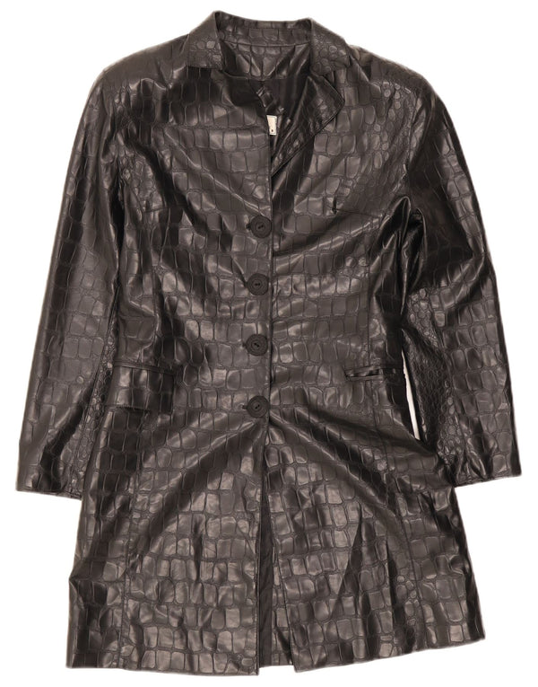 Cappotto in pelle da donna vintage UK 10 piccola stampa animalier nera