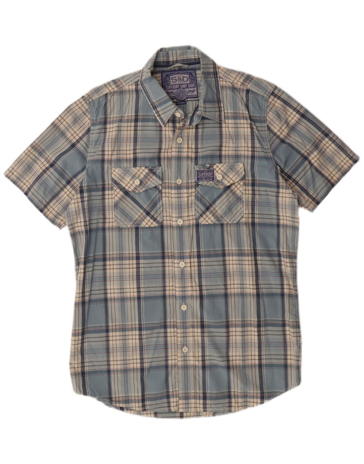 Camicia a maniche corte da uomo SUPERDRY XL in cotone a quadri blu