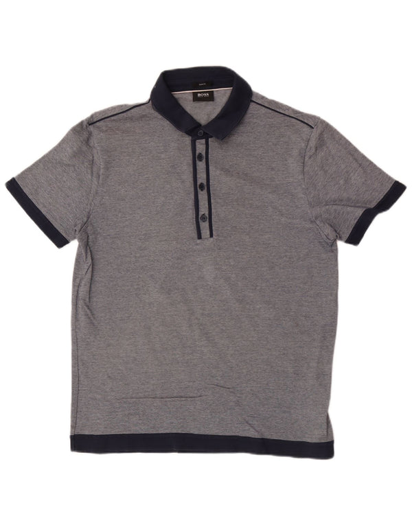 Polo da uomo slim fit Hugo Boss grande in cotone gessato blu navy