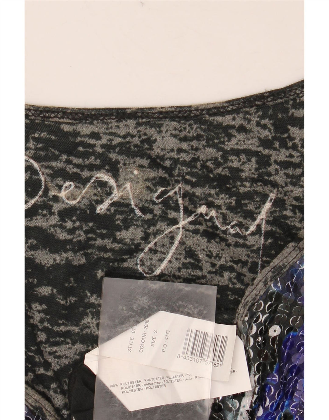 DESIGUAL Top grafico da donna manica lunga UK 10 piccolo poliestere nero