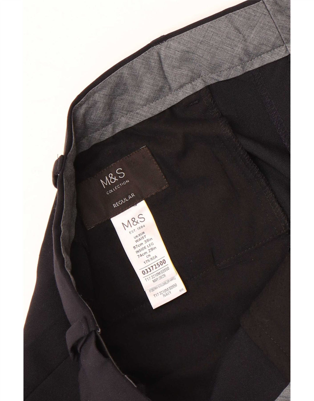 Pantaloni da abito regolari da uomo Marks & Spencer W38 L29 poliestere blu navy