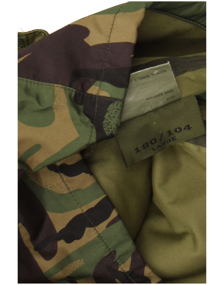 Giacca utilitaria vintage da uomo con cappuccio UK 40 grande poliestere mimetico verde