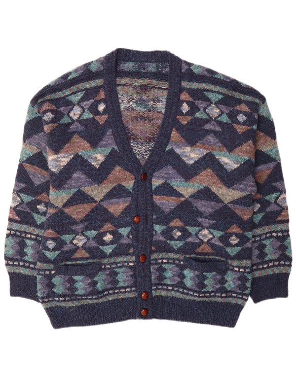 Maglione cardigan da uomo vintage IT 54 XL Lana geometrica blu navy