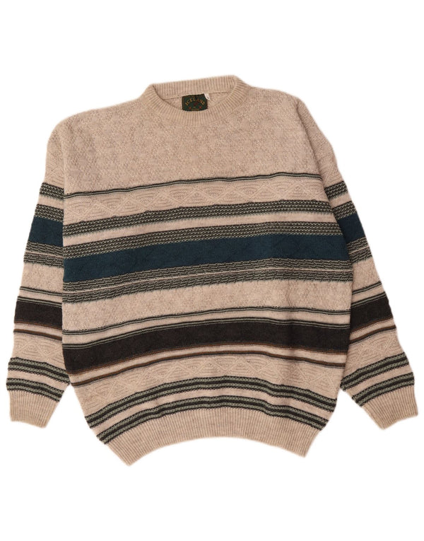 Maglione maglione girocollo da uomo islandese, lana a righe beige grande