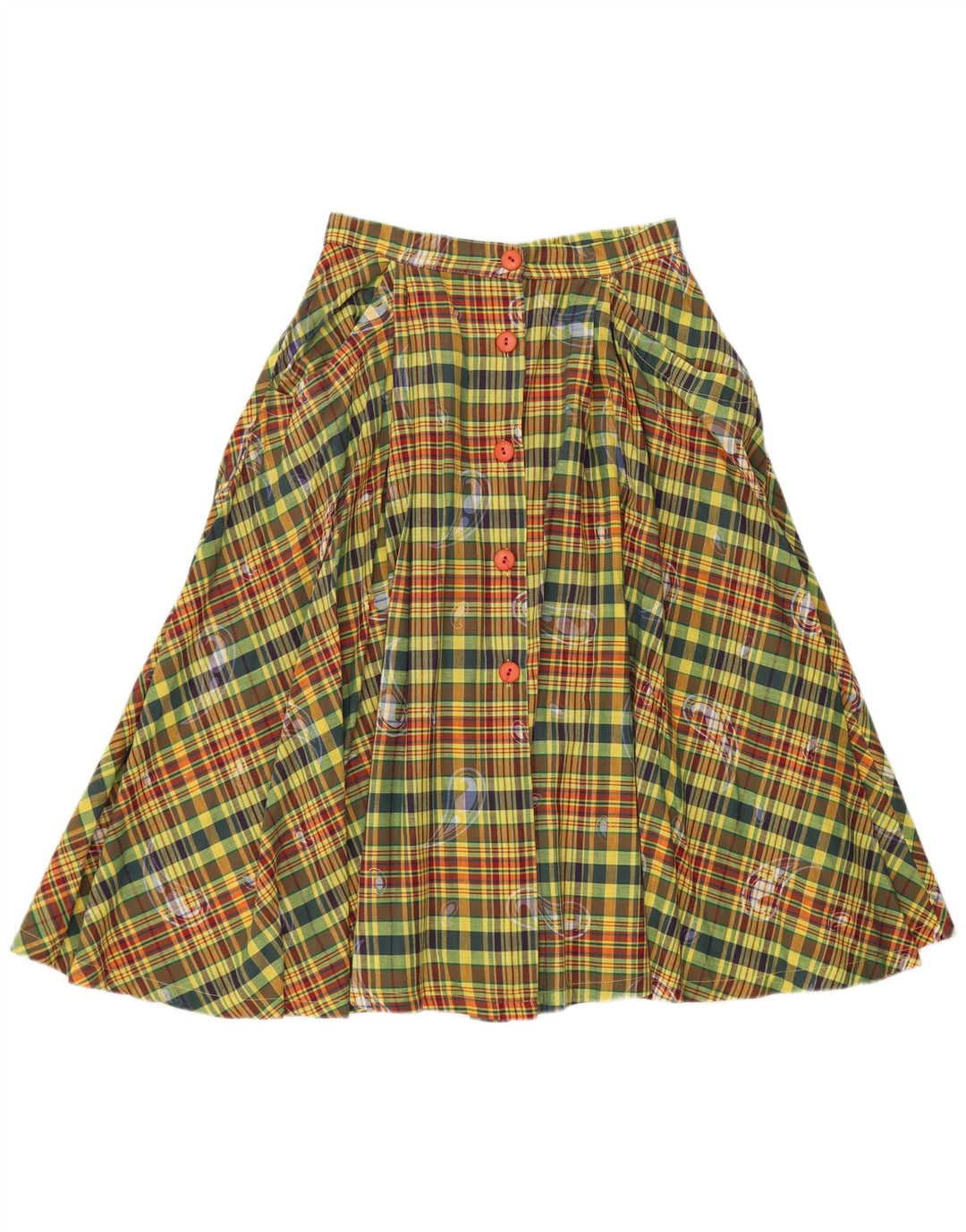 Gonna svasata a vita alta da donna vintage IT 42 media W26 a quadri verdi