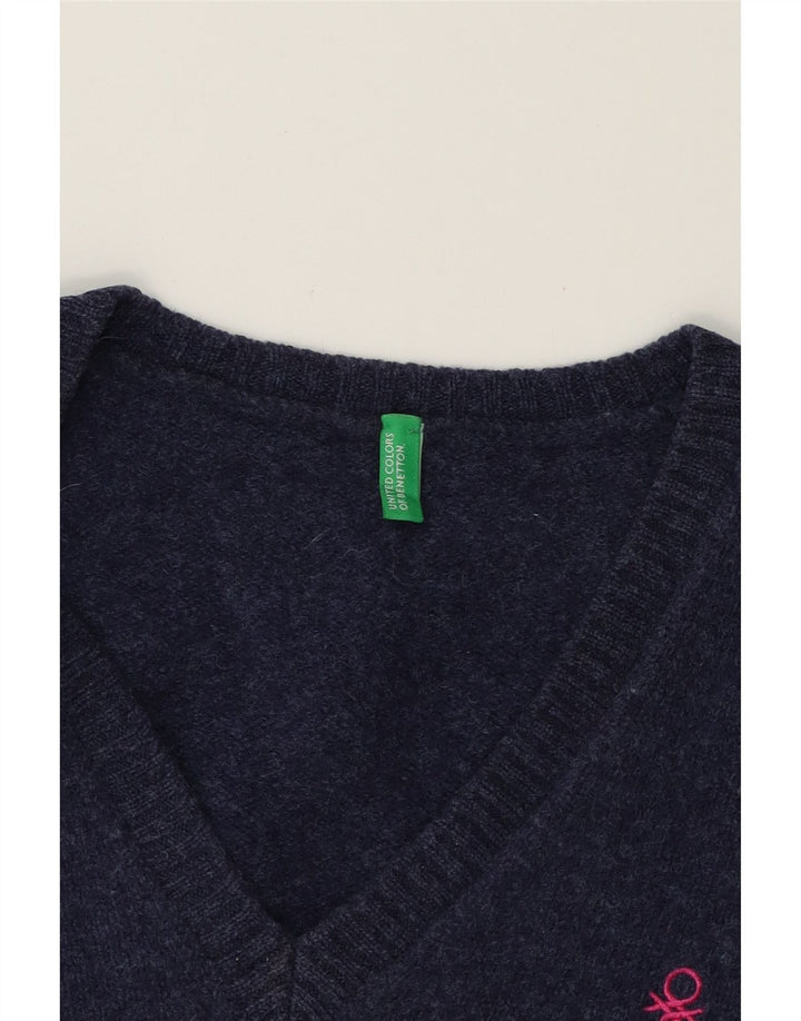 BENETTON Womens V-Neck Jumper Sweater UK 12 Medium Navy Blue Wool Vintage Benetton and Second-Hand Benetton from Messina Hembry 