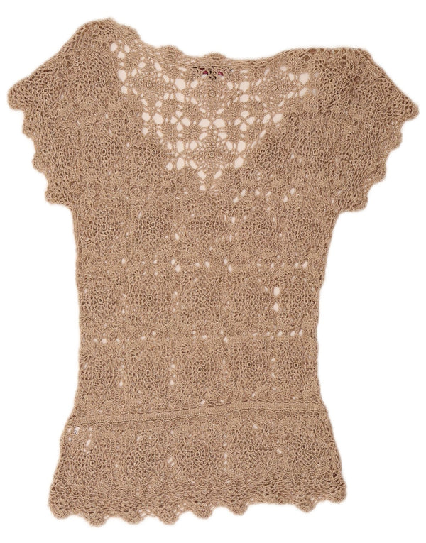 Top camicetta vintage da donna all'uncinetto UK 12 Viscosa floreale beige medio