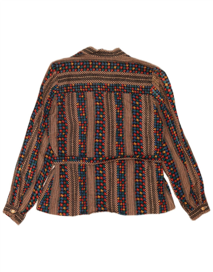 Top camicetta a maniche lunghe da donna vintage UK 14 a righe marrone medio