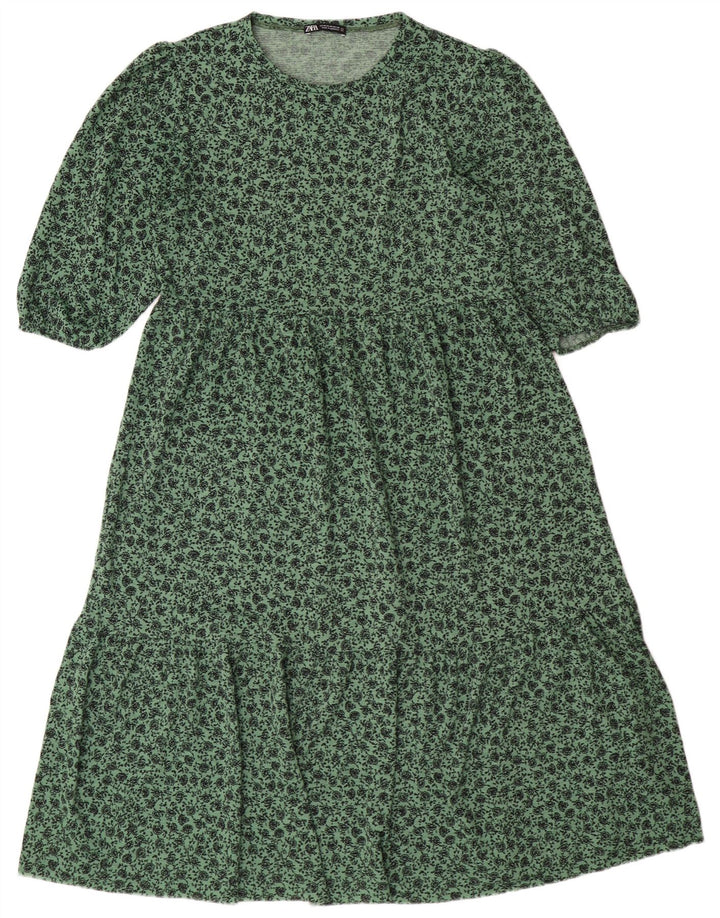Abito a trapezio da donna ZARA UK 14 Poliestere floreale verde medio