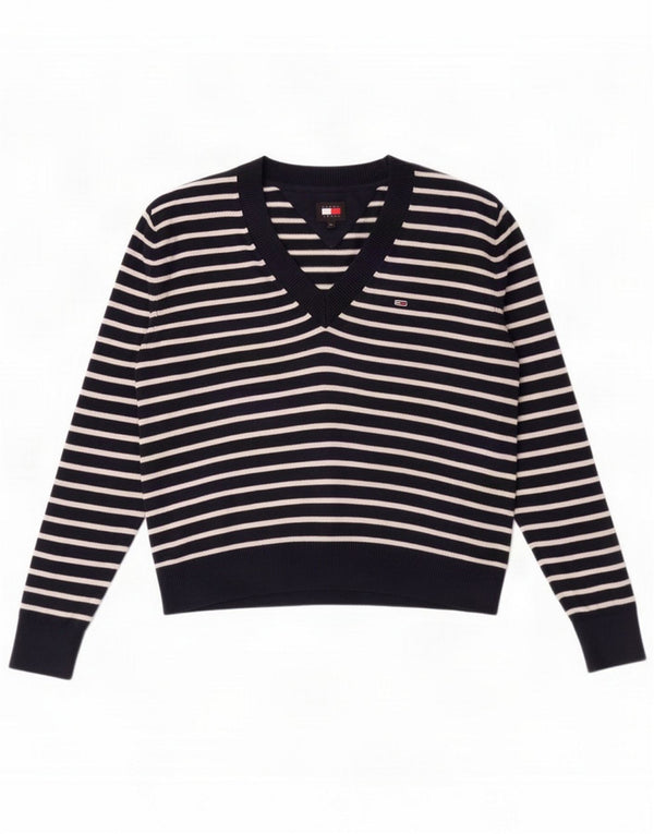 Tommy Hilfiger Womens V-Neck Jumper Sweater UK 14 Medium Navy Blue Striped