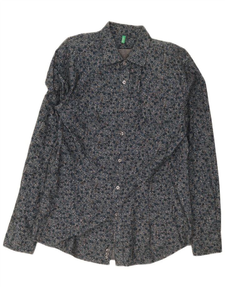 Camicia Benetton Uomo XL Cotone Floreale Blu Navy
