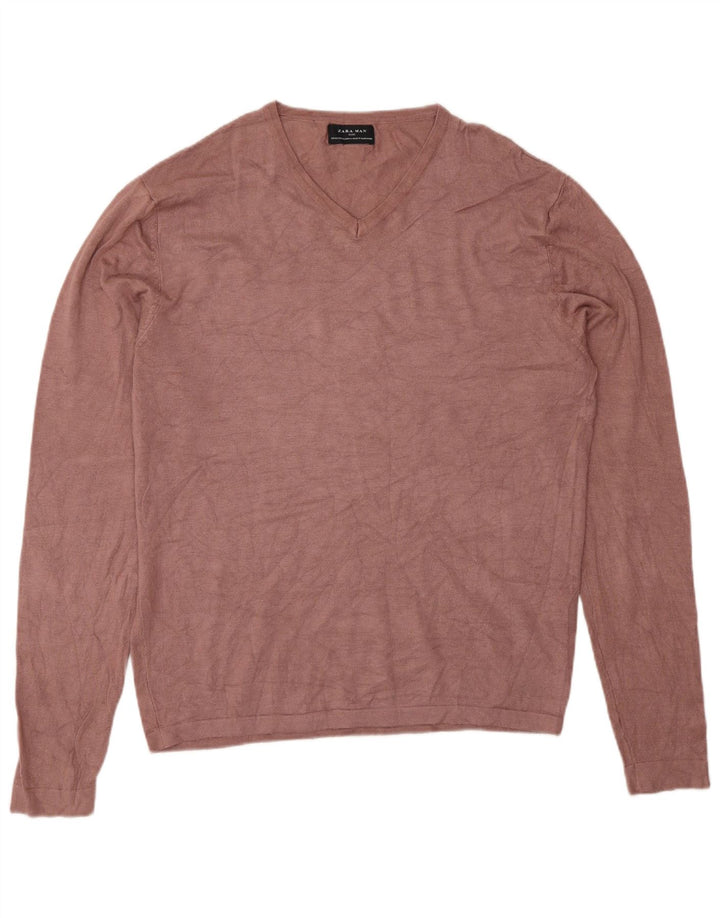 Maglione Zara da uomo con scollo a V XL rosa in viscosa