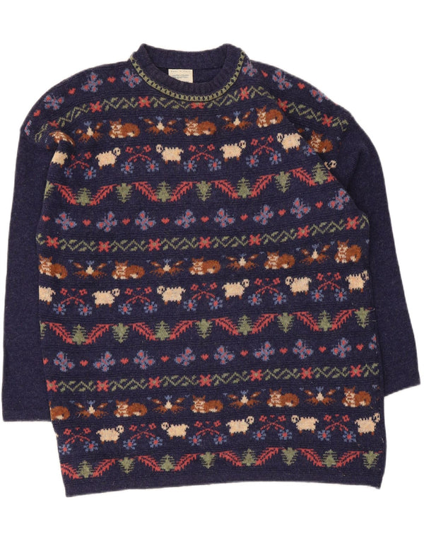 Maglione maglione girocollo da donna Benetton UK 14 Large Blu Navy Fair Isle