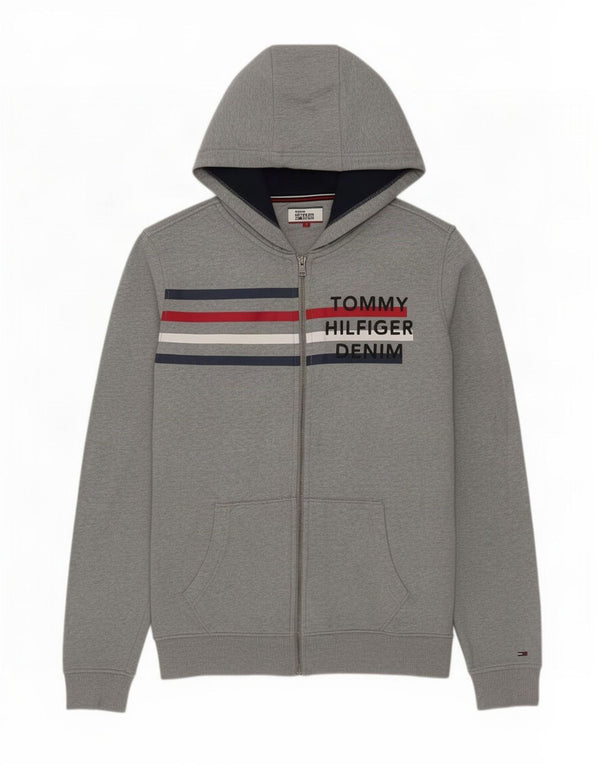 Tommy Hilfiger Uomo Felpa con cappuccio con zip grafica Maglione grande cotone a righe grigie