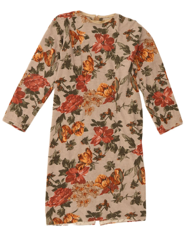 Abito a trapezio a maniche lunghe da donna vintage UK 12 Beige medio floreale