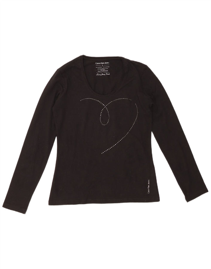 CALVIN KLEIN JEANS Top grafico da donna manica lunga UK 14 Large cotone nero