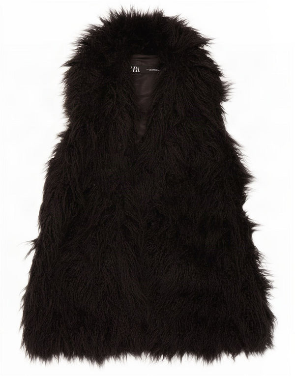 Zara Womens Faux Fur Gilet UK 14 Medium Black Modacryl
