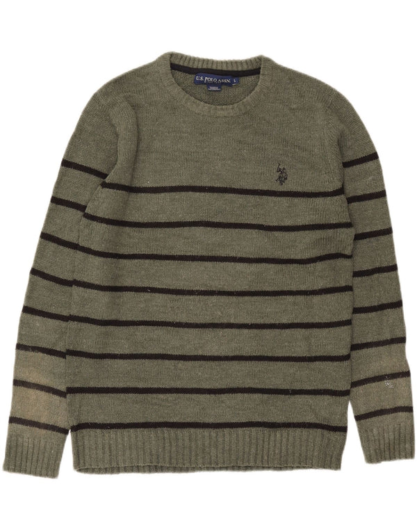 Polo Assn. Maglione maglione girocollo da uomo, acrilico a righe grandi color kaki