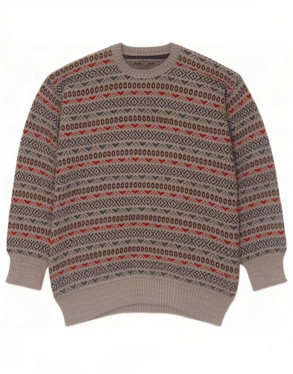 Maglione maglione girocollo vintage da uomo piccolo grigio Fair Isle