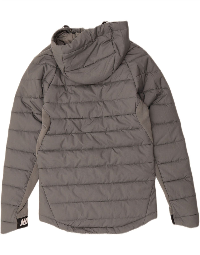 NIKE Womens Graphic Hooded Padded Jacket UK 6 XS Grey Cotton Vintage Nike and Second-Hand Nike from Messina Hembry 