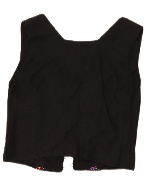 Top cardigan senza maniche corto da donna vintage UK 8 piccolo floreale nero
