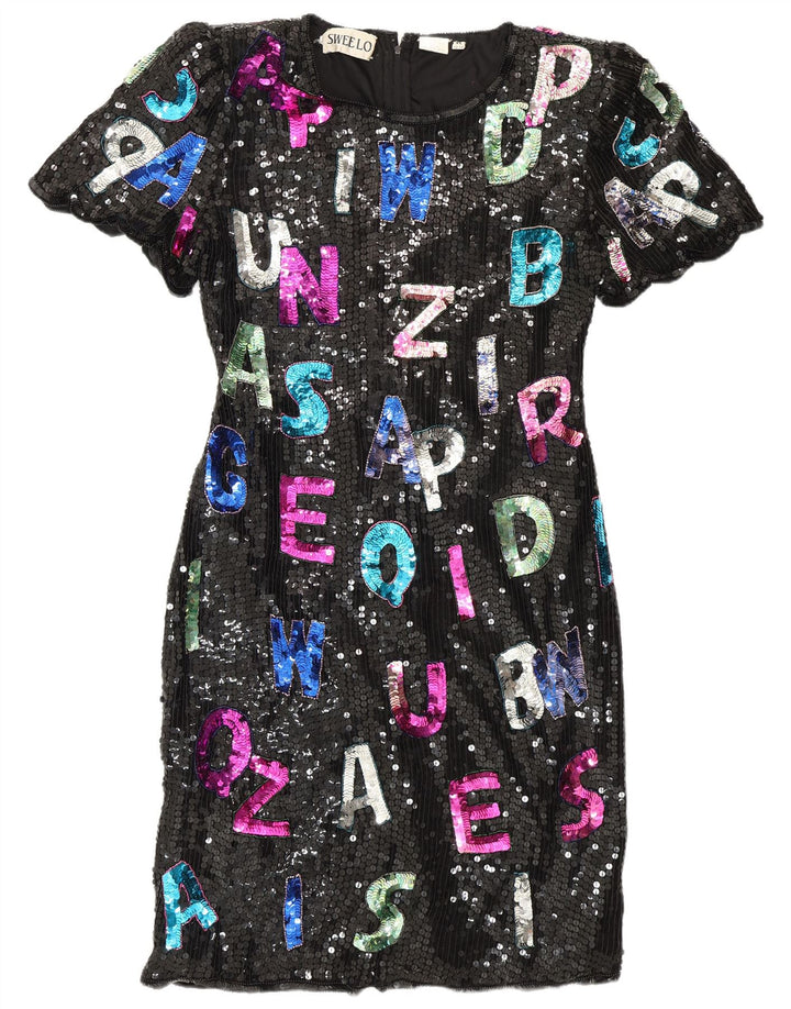 SWEELO Abito tubino grafico da donna UK 18 XL Seta nera