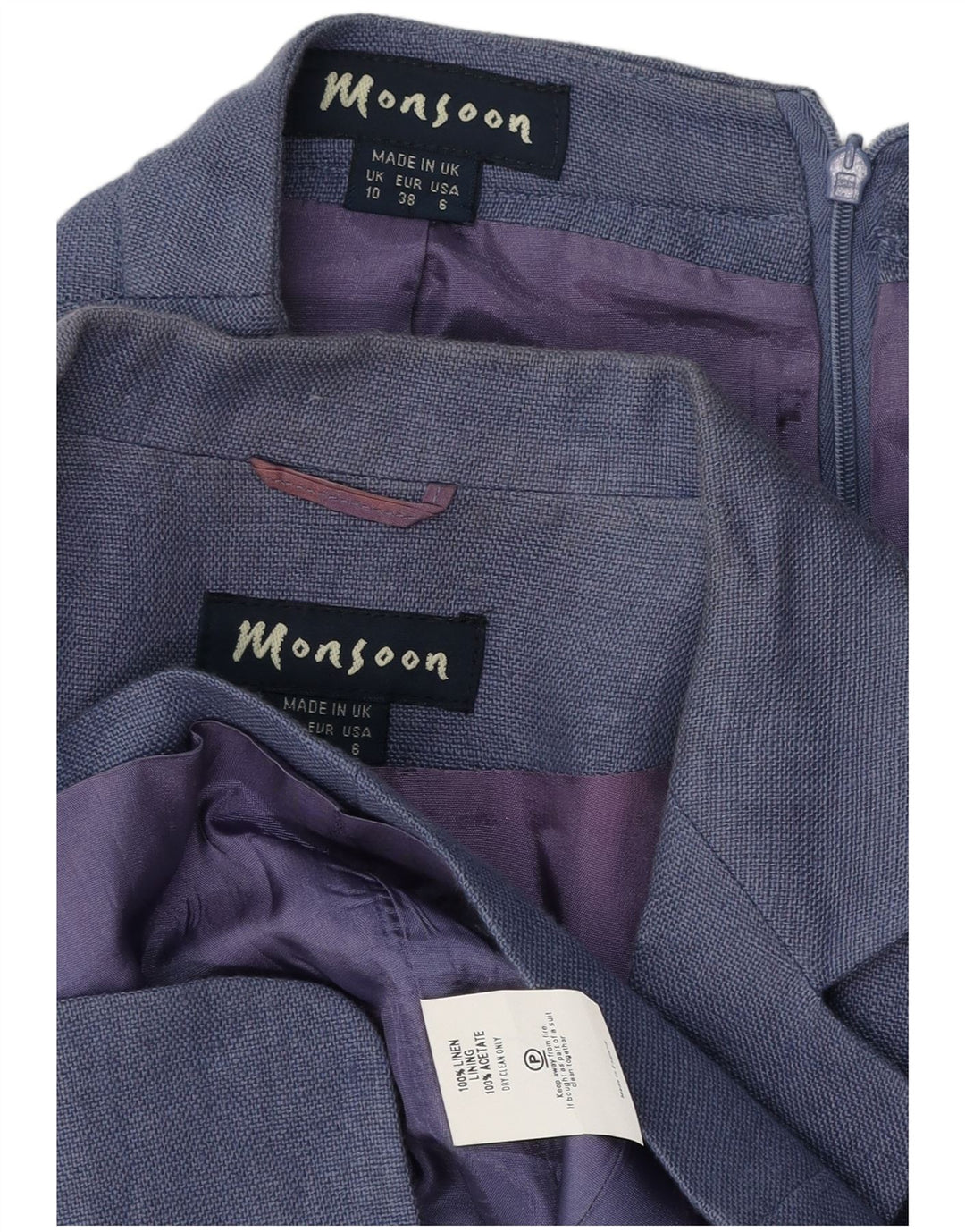 Monsoon Set gonna da donna a 3 bottoni e 2 pezzi UK 10 Small W26 Lino blu