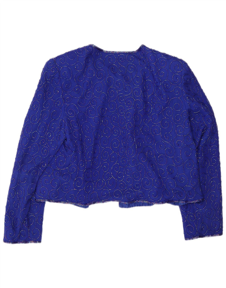 Giacca blazer corta da donna vintage UK 14 seta blu medio