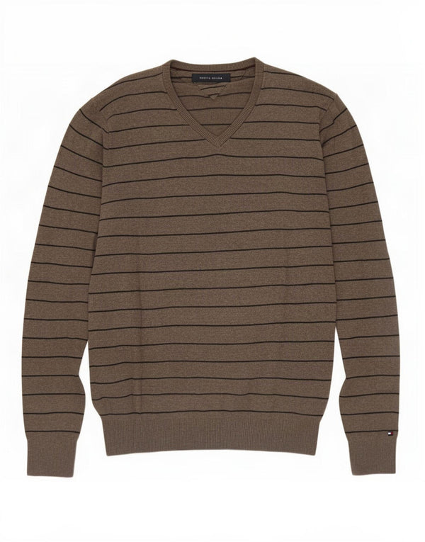 Tommy Hilfiger Mens V-Neck Jumper Sweater Medium Brown Striped Cotton