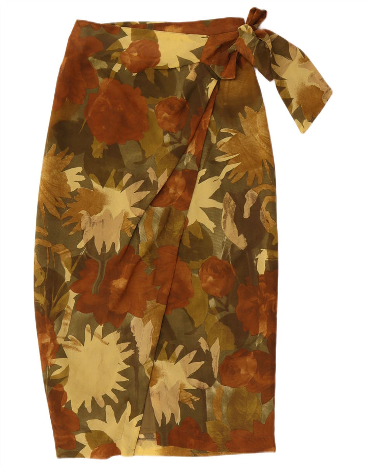 Gonna a portafoglio da donna vintage IT 44 media W28 poliestere floreale marrone