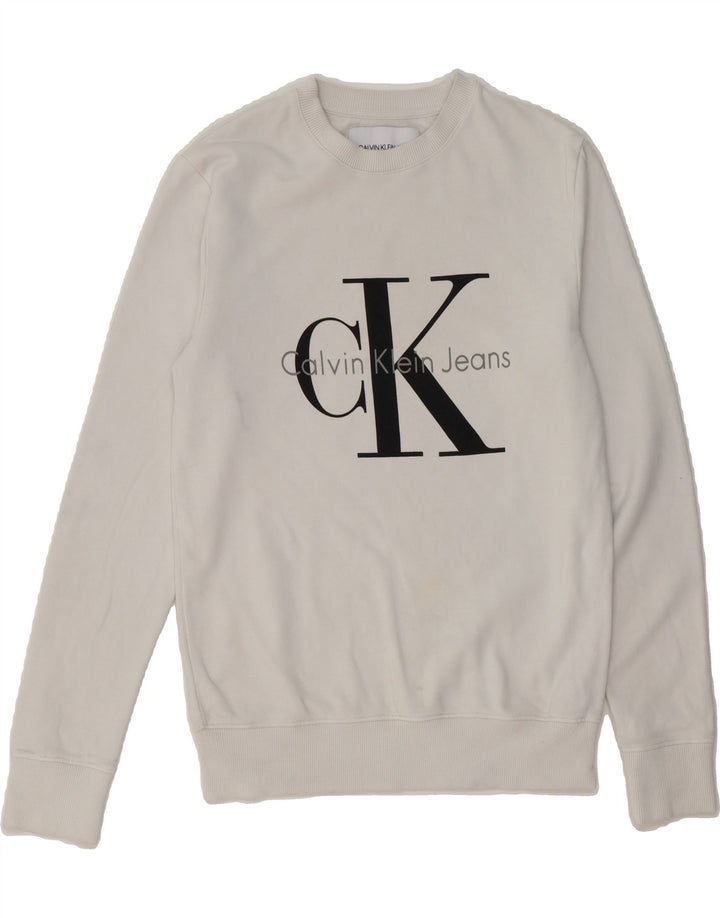 CALVIN KLEIN JEANS Womens Graphic Sweatshirt Jumper UK 10 Small White Vintage Calvin Klein Jeans and Second-Hand Calvin Klein Jeans from Messina Hembry 