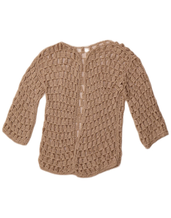 Maglione cardigan all'uncinetto con maniche a 3/4 vintage da donna UK 10 piccolo beige