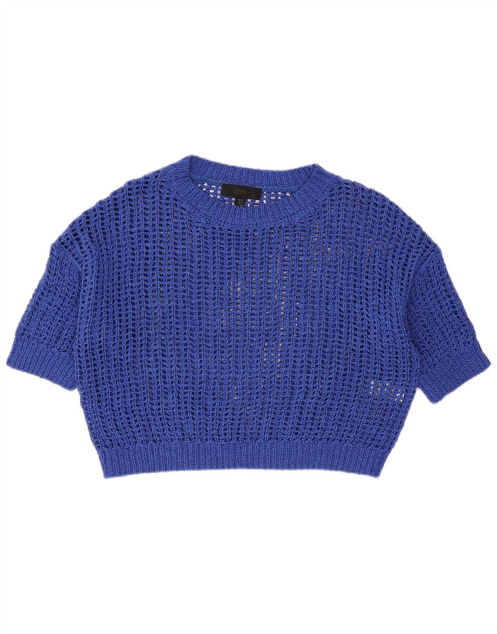 Top corto in maglia trasparente oversize da donna Zara UK 10 piccolo cotone blu