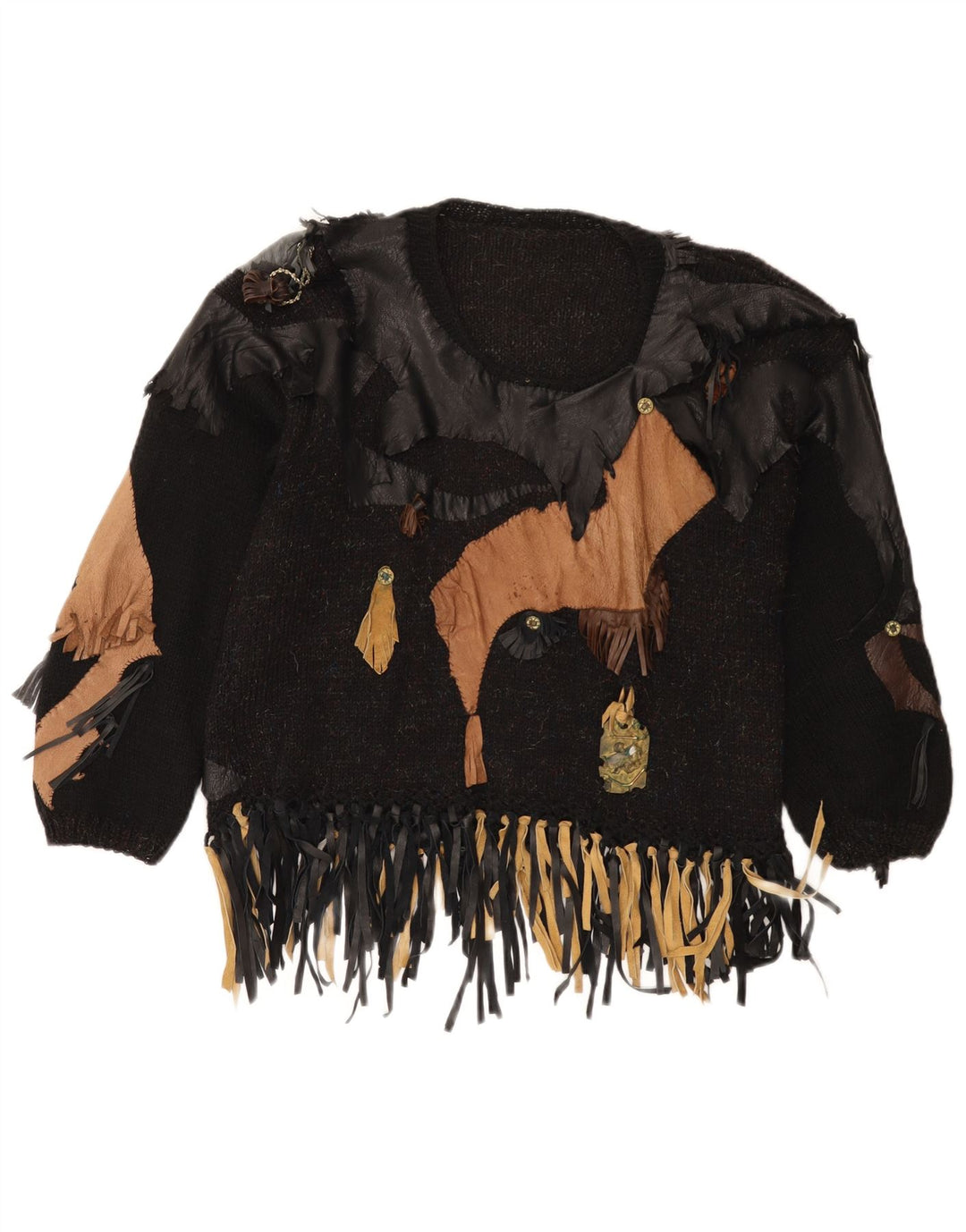 Maglione maglione vintage da donna con scollo a barca UK 14 Patchwork nero medio