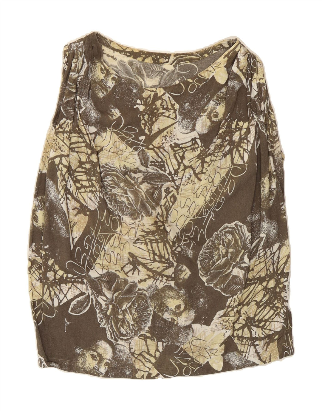 VINTAGE Womens Abstract Pattern Sleeveless Blouse Top UK 14 Large Khaki Vintage Vintage and Second-Hand Vintage from Messina Hembry 