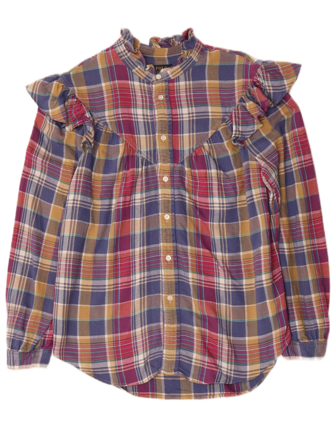 Polo Ralph Lauren Camicia da donna con volant sul davanti US 10 Grande motivo a quadri multicolore