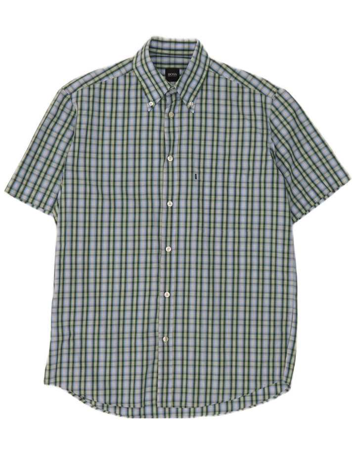 Camicia a maniche corte da uomo Hugo Boss in cotone a quadri blu medio