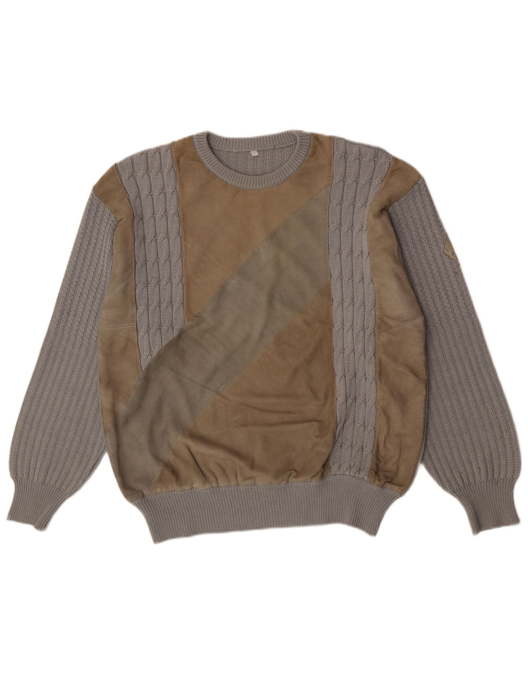 Maglione girocollo da uomo vintage in lana color block grigio grande