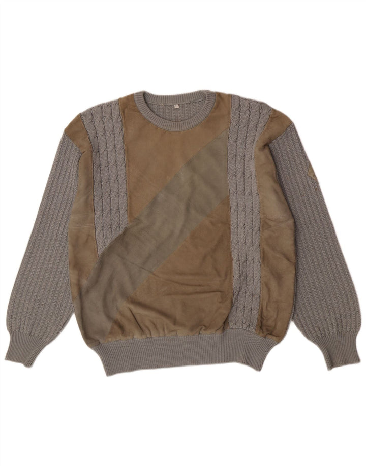 Maglione girocollo da uomo vintage in lana color block grigio grande