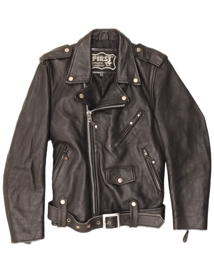Prima giacca da motociclista in pelle da uomo UK 34 XS nera