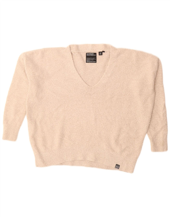Maglione oversize da donna con scollo a V SUPERDRY UK 10 Piccolo acrilico beige