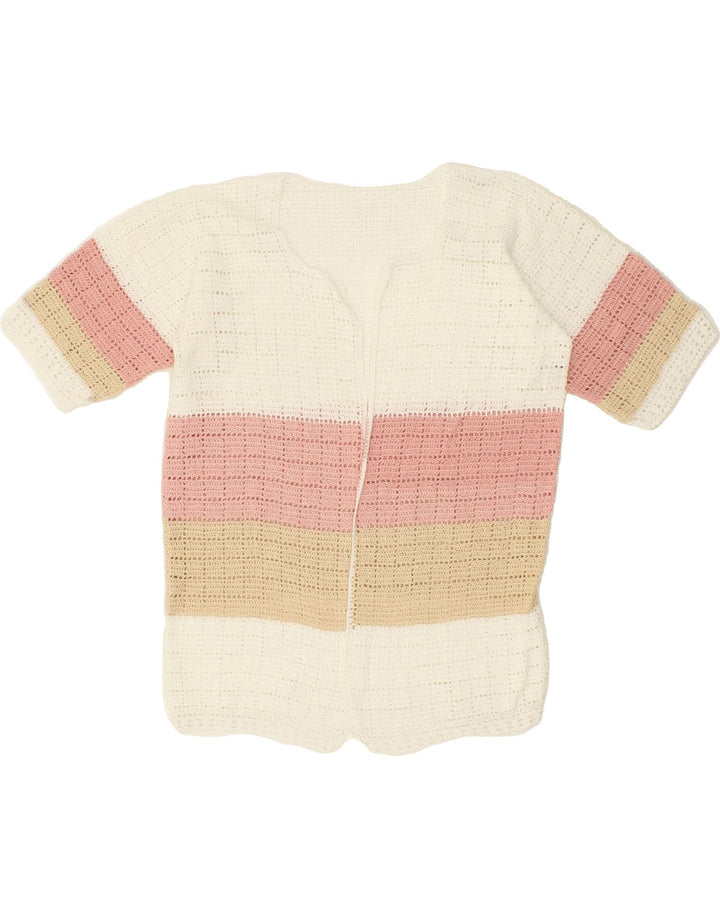 VINTAGE Womens Short Sleeve Crochet Cardigan Sweater UK 12 Medium Beige Vintage Vintage and Second-Hand Vintage from Messina Hembry 