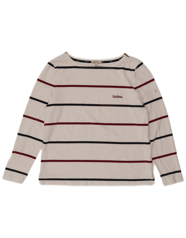 BARBOUR Top da donna a maniche lunghe UK 16 Large White Striped Cotton