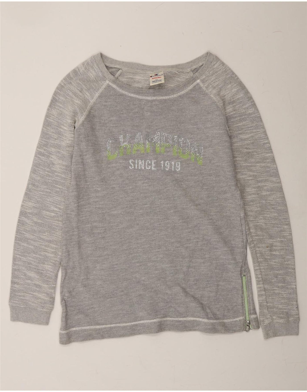 CHAMPION Womens Graphic Sweatshirt Jumper UK 14 Medium Grey Flecked Cotton Vintage Champion and Second-Hand Champion from Messina Hembry 