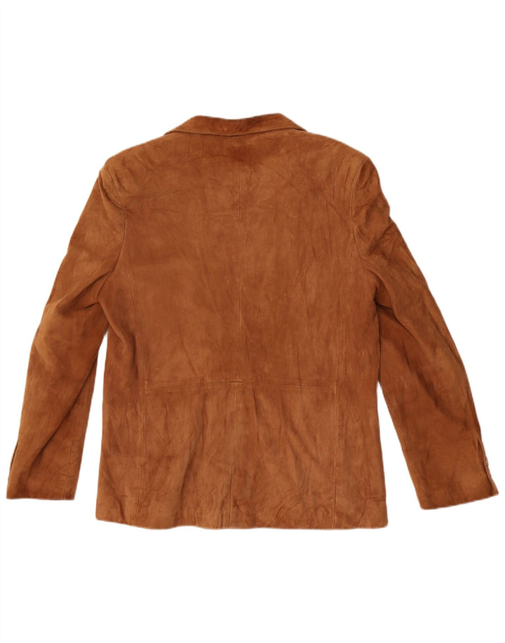 Giacca blazer vintage in pelle scamosciata doppio petto da donna UK 14 marrone medio
